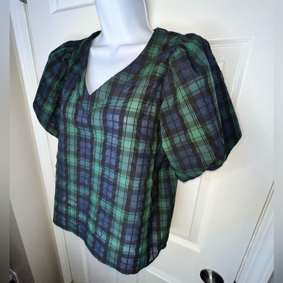 NWT Loft Petites XS Green Tartan Plaid Balloon Sleeve V-Neck Blouse Top XSP - Picture 1 of 15